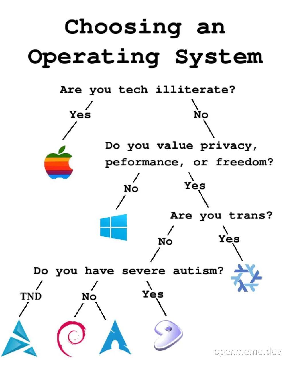 Choosing an Operating System flowchart meme