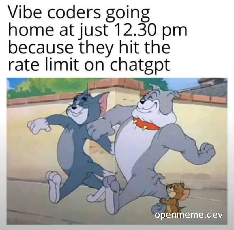 Tom and Jerry dancing with a small mouse, with text about coders leaving work early due to ChatGPT rate limit