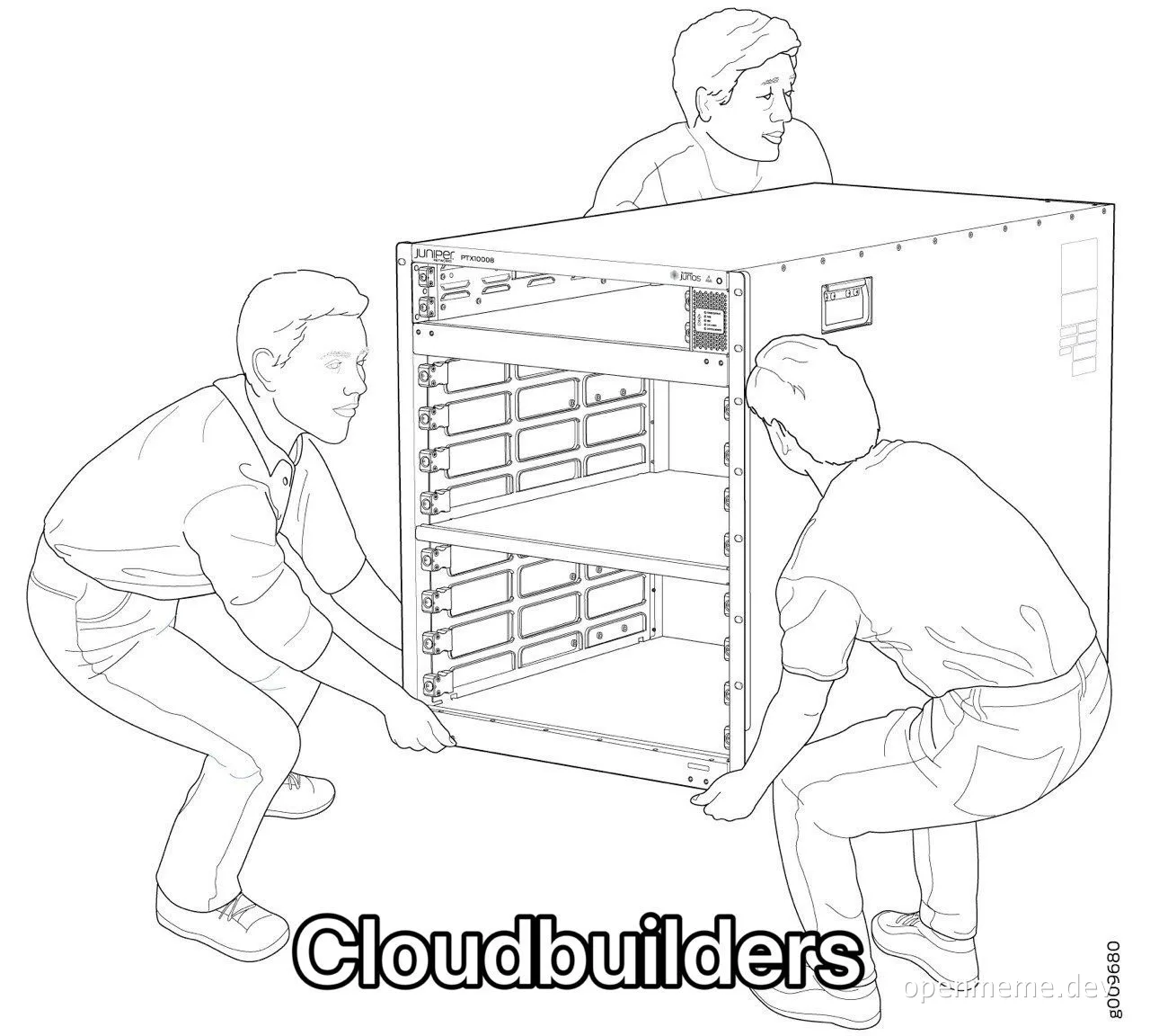 Three men moving a large server with the text 'Cloudbuilders'