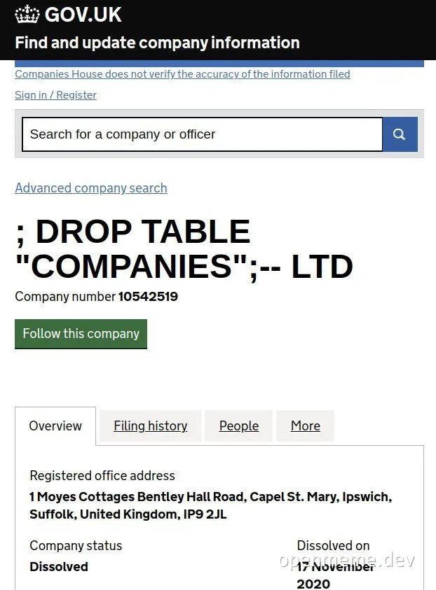 gov.uk company search with malicious SQL query