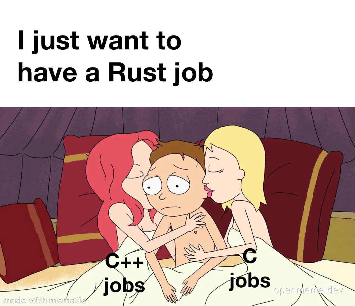 Rick and Morty meme with Rick in bed with two women labeled C++ jobs and C jobs, caption reads I just want to have a Rust job
