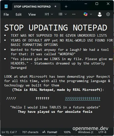 A screenshot of a Notepad file with a humorous complaint about Microsoft's demands for respect despite lacking basic features.