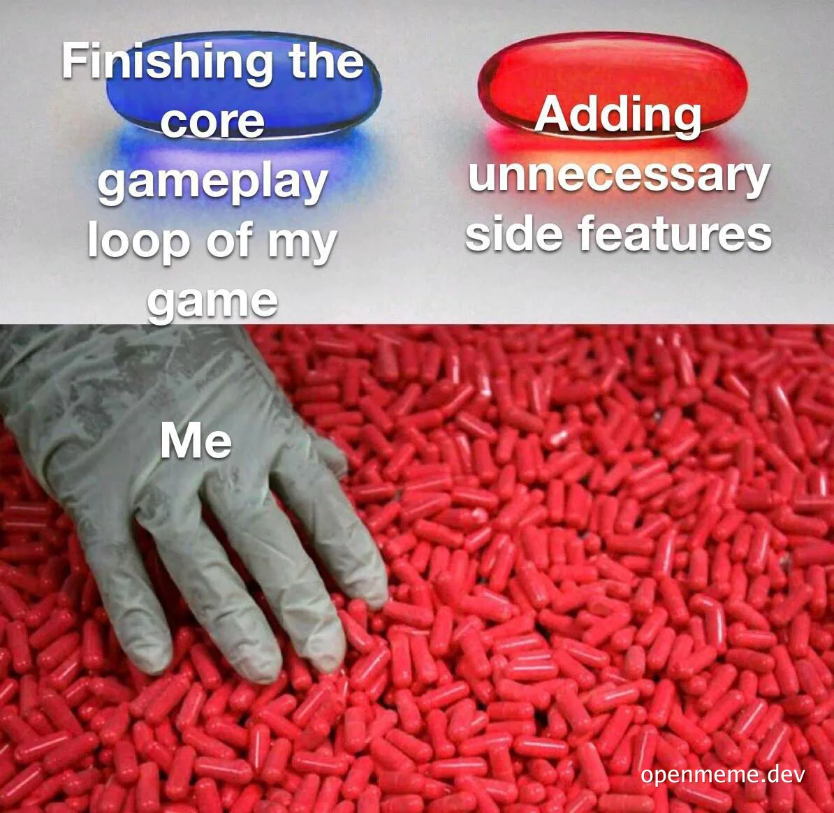 game development meme about adding unnecessary features