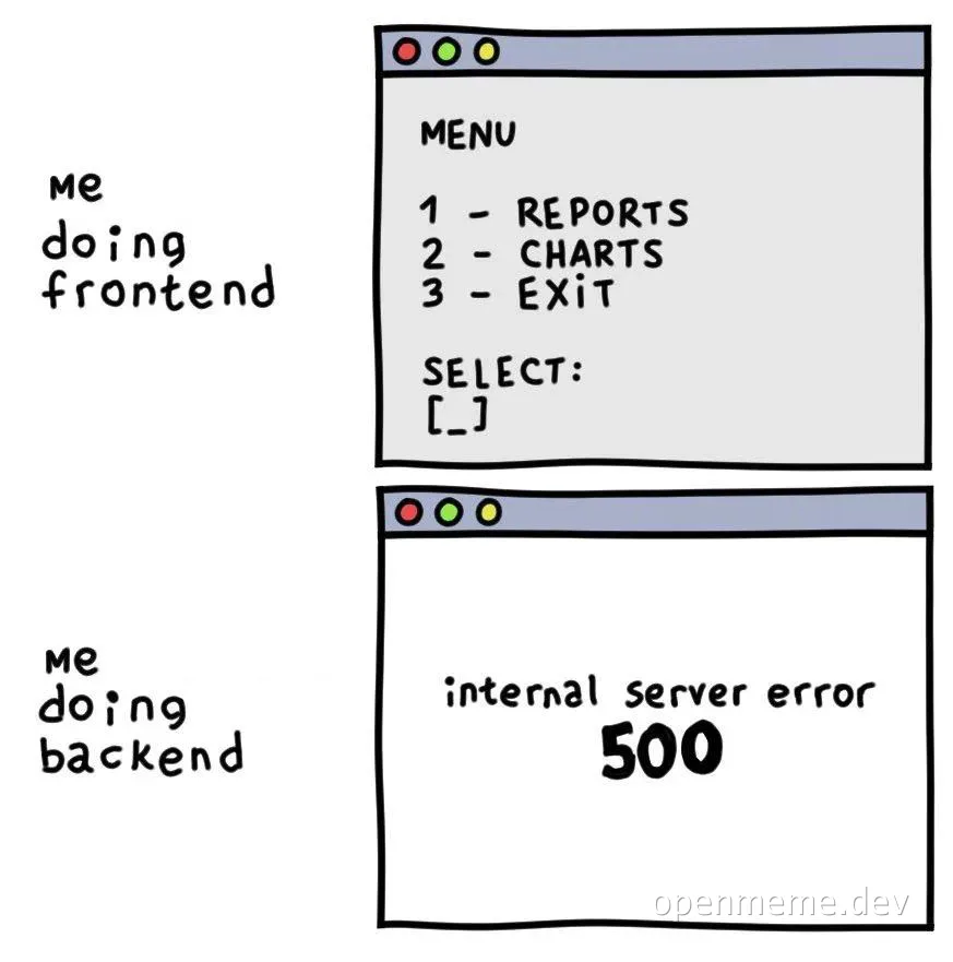 Cartoon of a developer's contrasting experiences with frontend and backend work