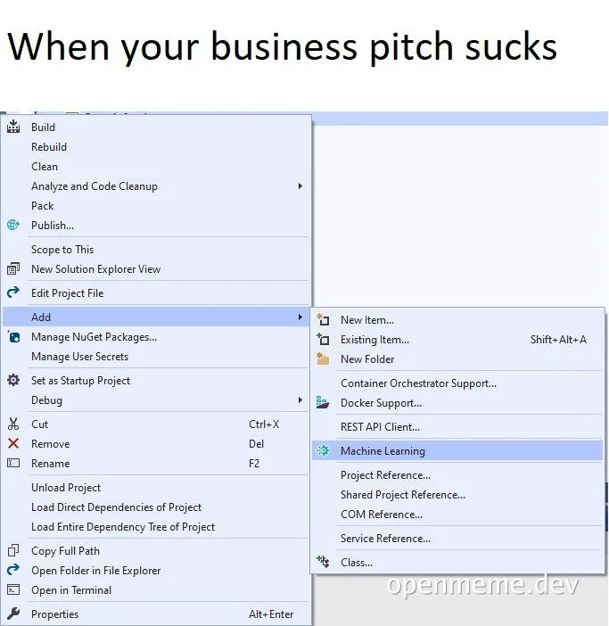 screenshot of Visual Studio menu with Machine Learning option highlighted