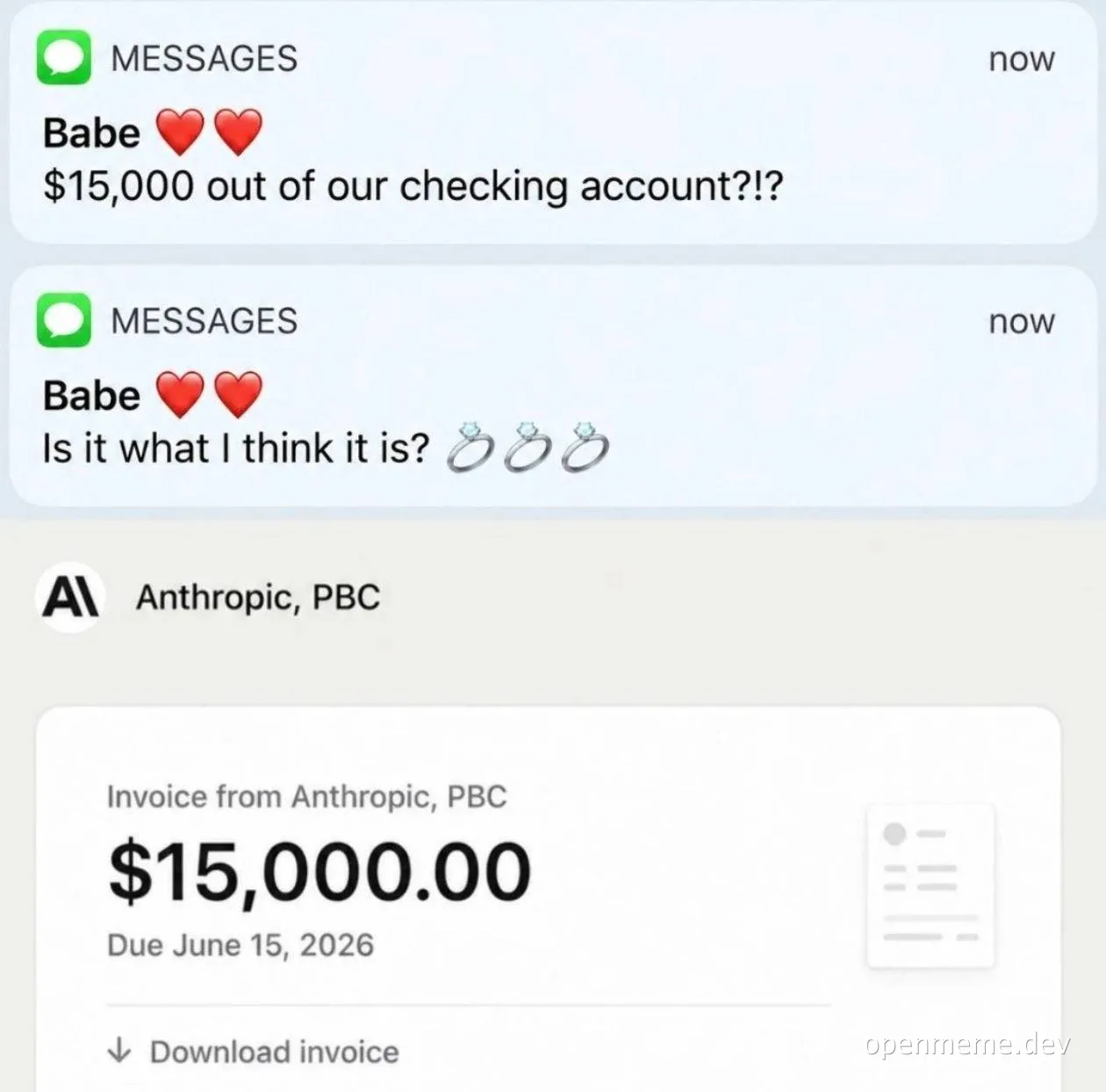 Screenshot of a text conversation asking about a $15,000 expense, followed by an invoice from Anthropic.
