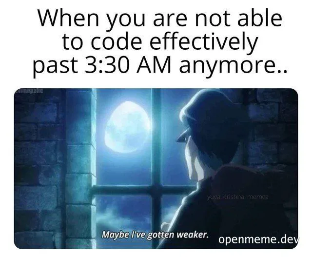 Batman looking out the window at the moon with a caption about coding effectiveness past 3:30 AM