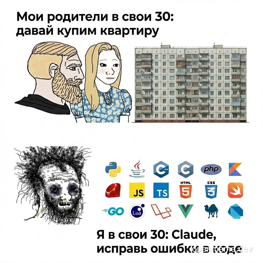 Мем: родители в 30 лет покупают квартиру vs я в 30: Claude, исправь ошибки в коде
