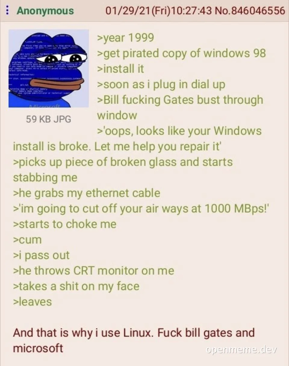 pepe the frog with a humorous anecdote about a fictional violent encounter with bill gates over a pirated windows 98 install