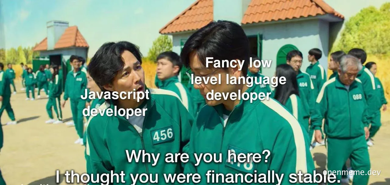 meme about javascript developer and fancy low level language developer
