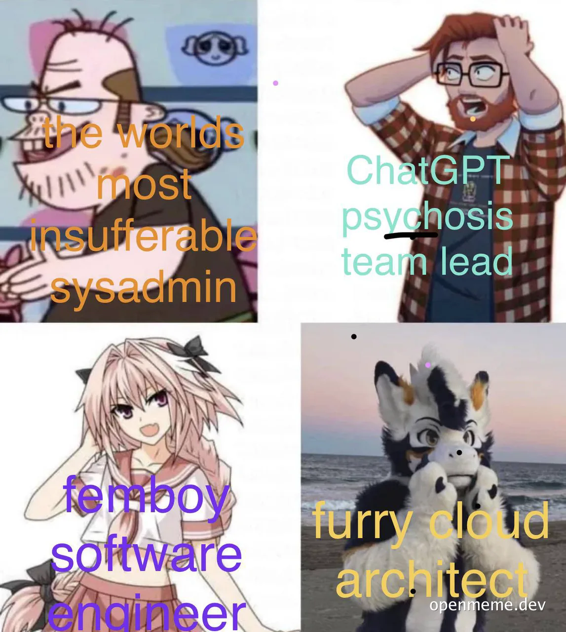 four meme images of developers and IT staff