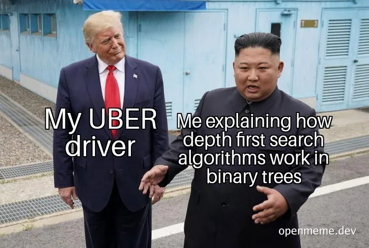 Donald Trump looking confused while Kim Jong Un explains depth-first search algorithms