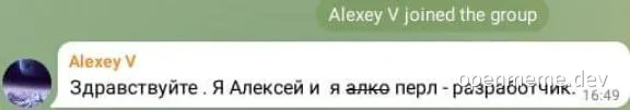 Alexey V introduces himself as a Perl developer in a group chat