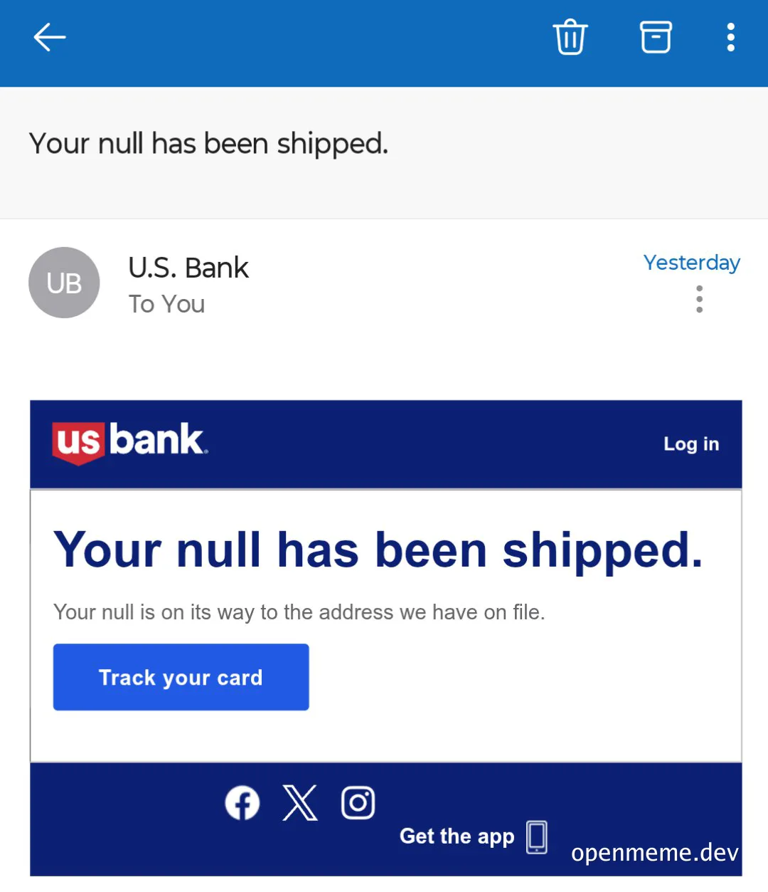 us bank email notification with 'your null has been shipped' message