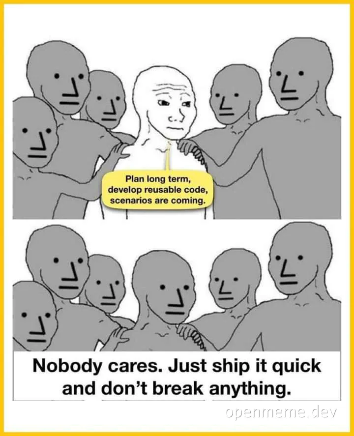 Cartoon depicting a lone developer with a plan for long-term coding contrasted with peers prioritizing quick shipment