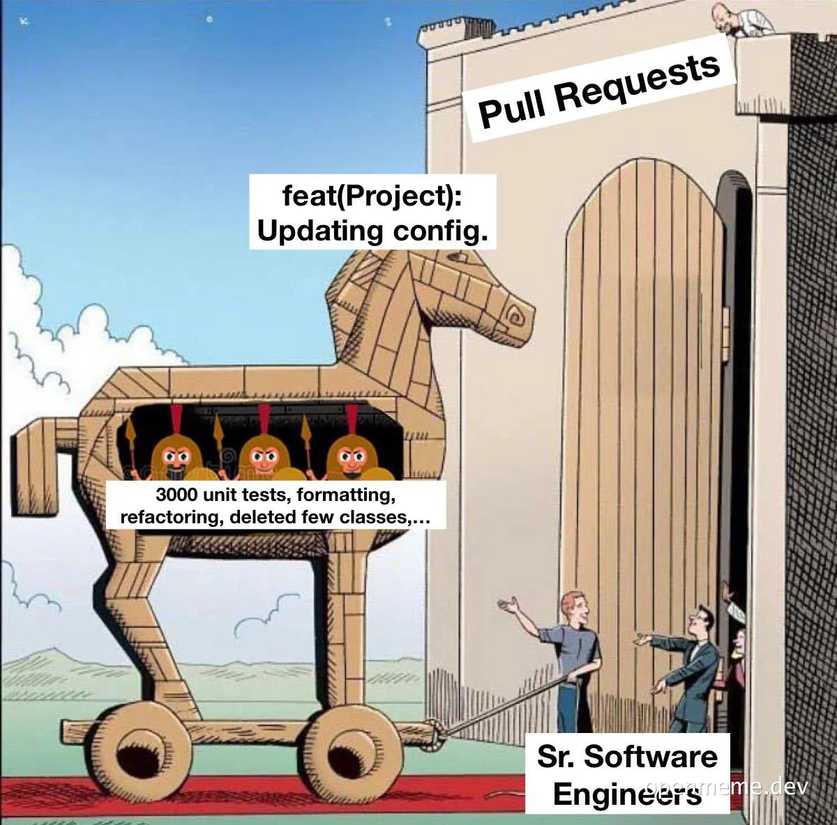 Cartoon of a wooden Trojan horse labeled 'Pull Requests' being wheeled into a city gate by senior software engineers, with a