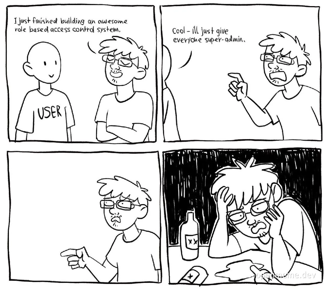 Comic strip about developer giving super-admin access to everyone