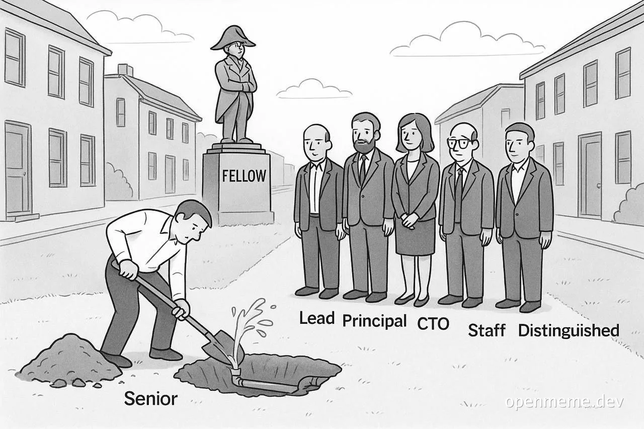cartoon of senior dev digging a grave as other tech job titles watch