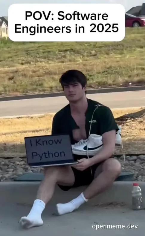 Man sitting on curb with laptop that says 'I Know Python'