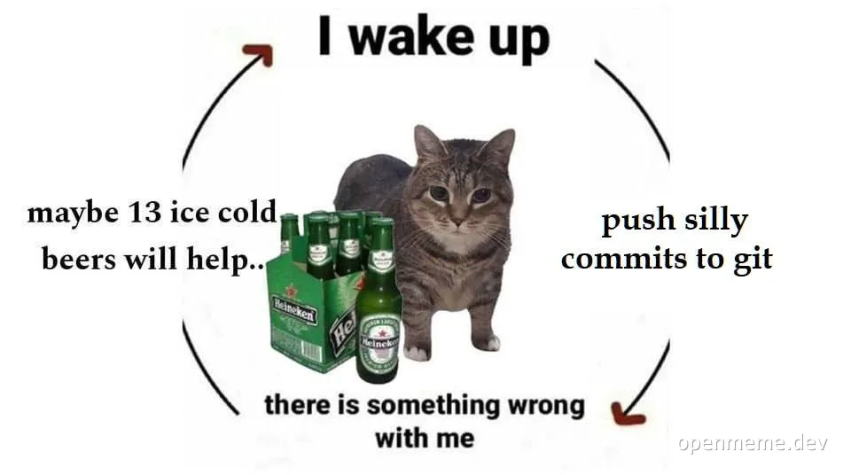 cat meme about developer drinking beer to cope with coding mistakes