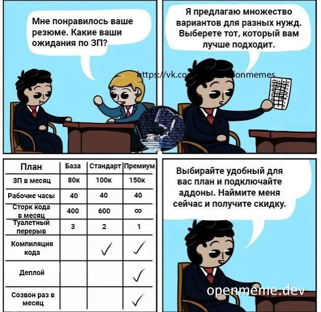 A comic strip depicting a job interview with a humorous twist on salary expectations and coding plan options.