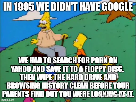Homer Simpson and Bart Simpson meme about the internet in 1995, mentioning Yahoo, floppy discs, and wiping browsing history.