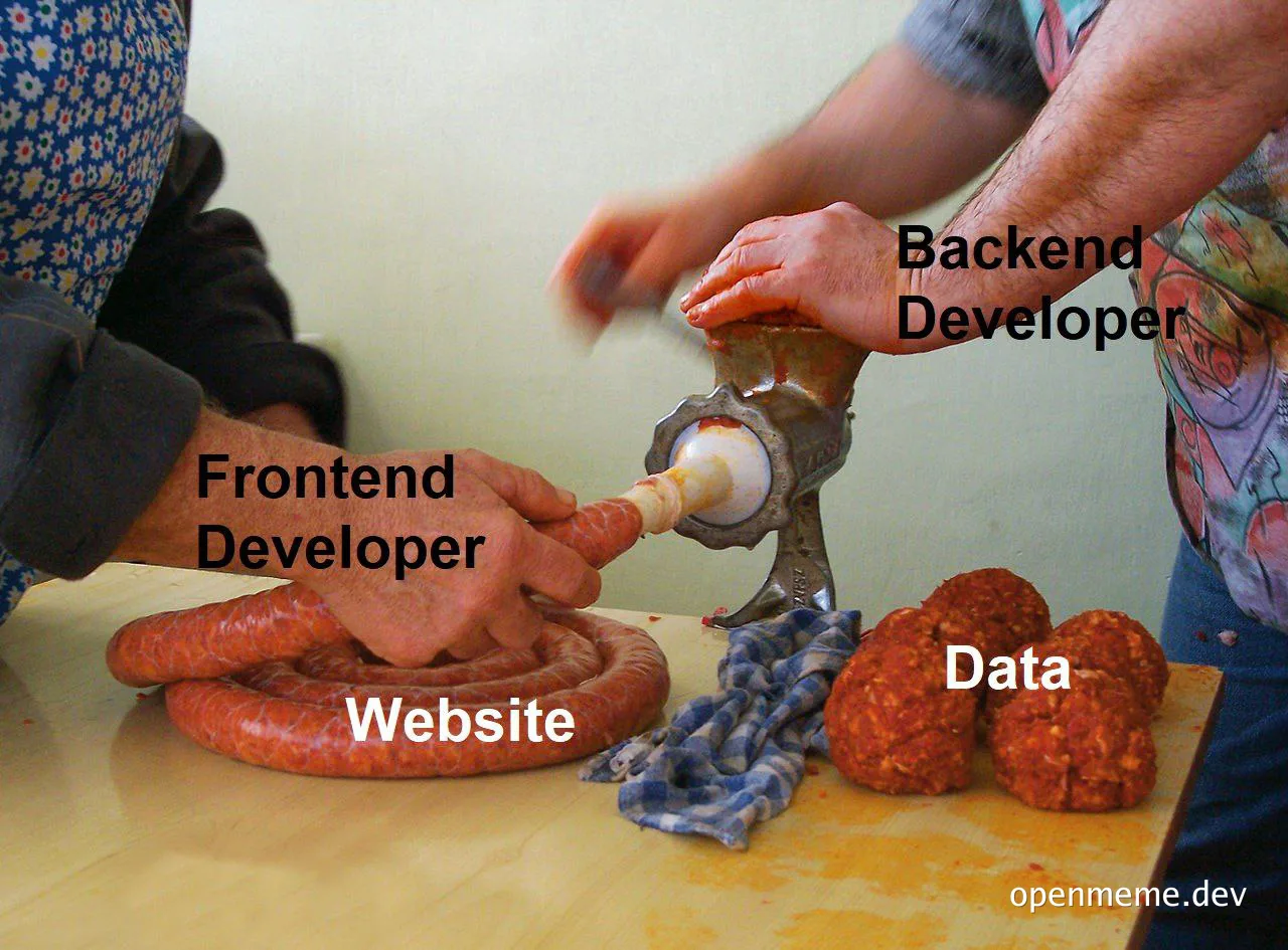 Two developers using a meat grinder to make sausages labeled frontend developer, backend developer, website, and data.