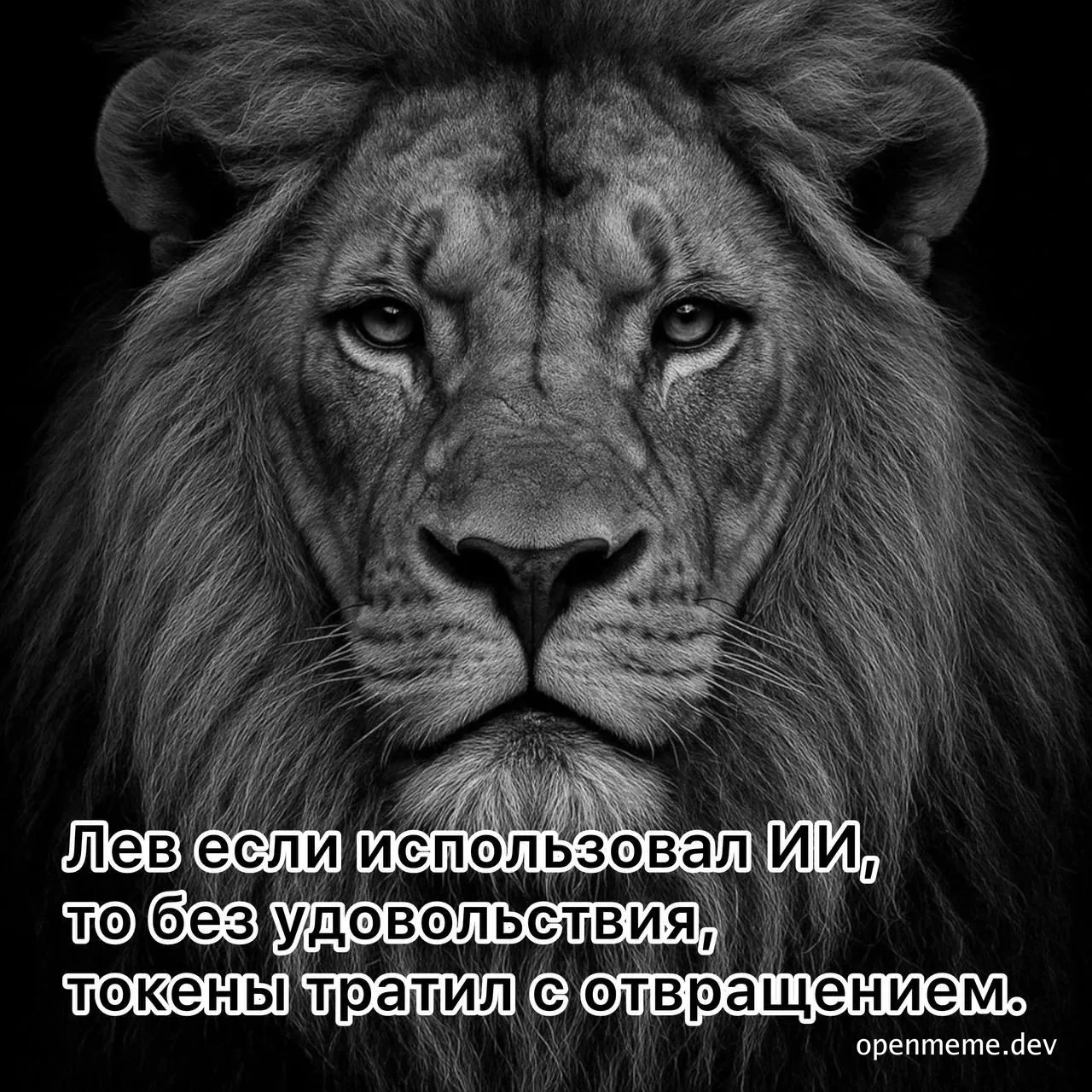 Lion with a serious expression and russian text overlay