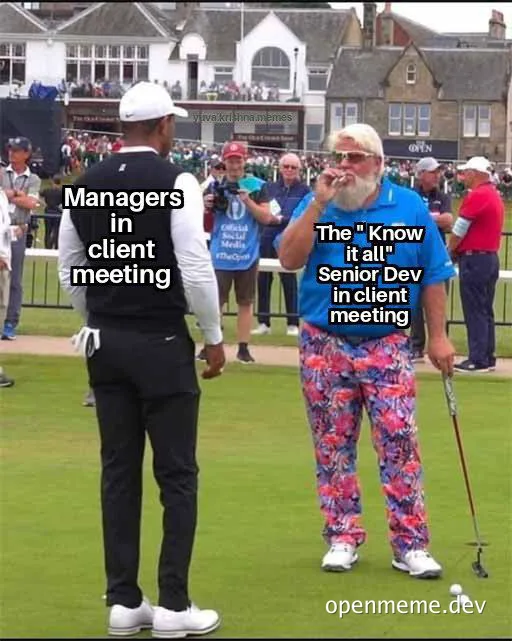 Tiger Woods and a senior dev in a client meeting