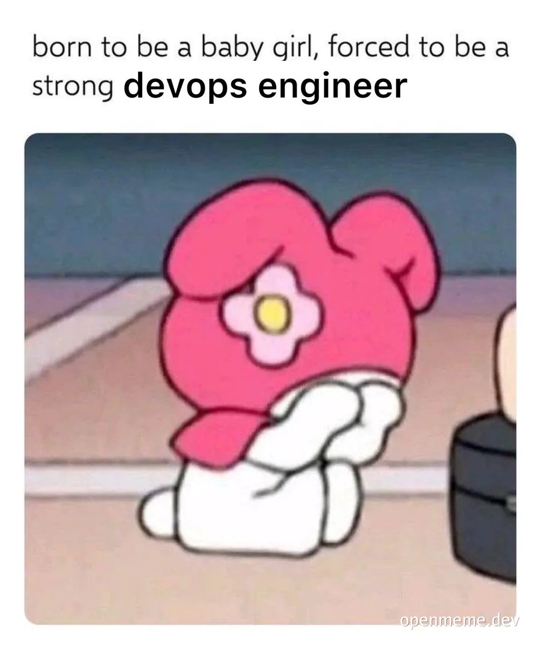 Funny cartoon character with pink hair and a flower on its head, with a caption about being a devops engineer
