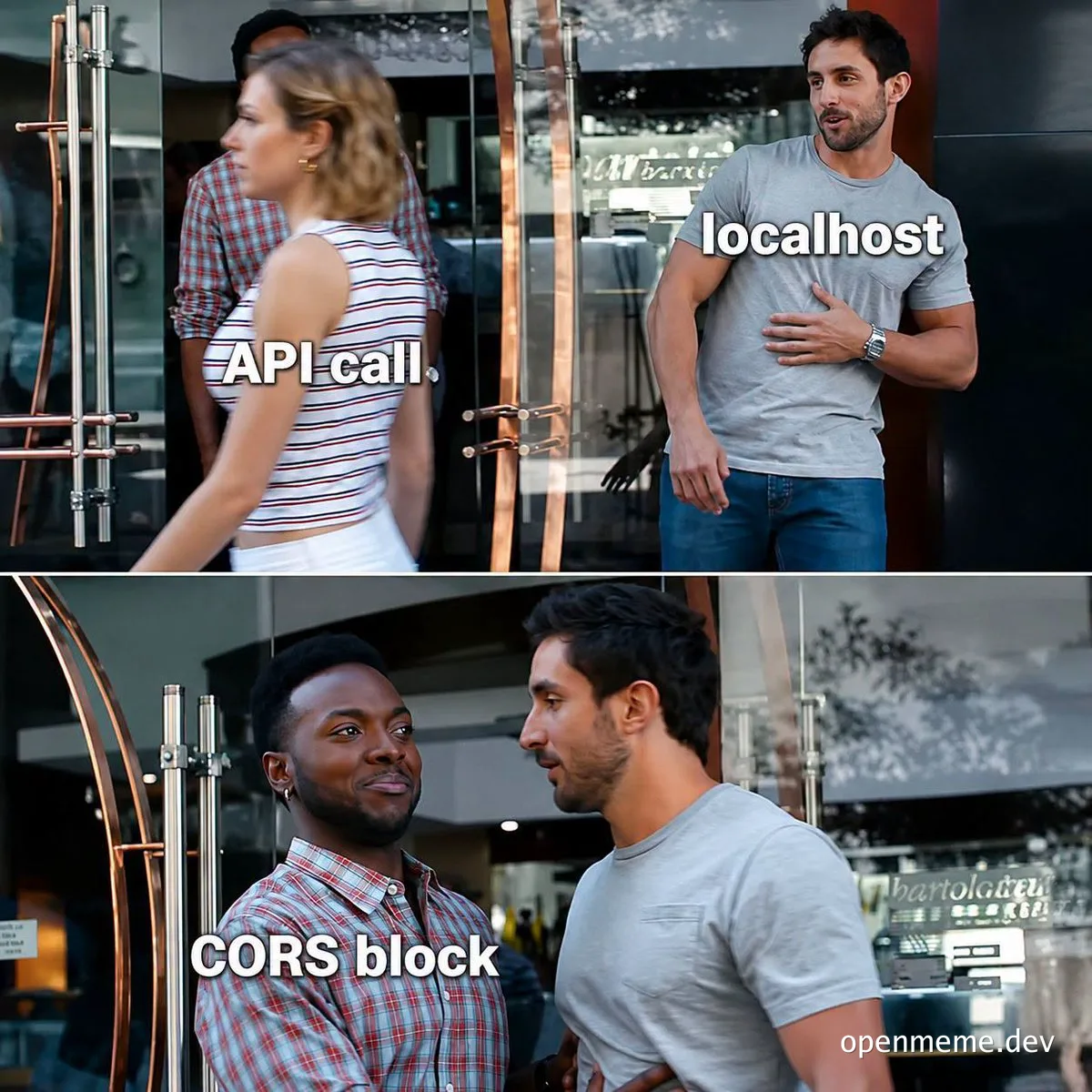 A meme featuring a man labeled 'localhost' being blocked by a security guard labeled 'CORS block' from reaching a woman labeled 'API call'.