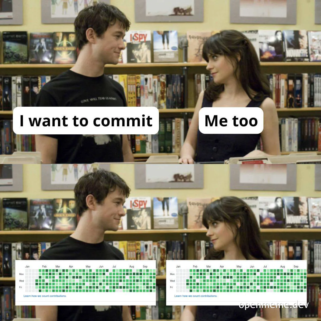 a man and a woman talking in a library with github contribution graphs at the bottom