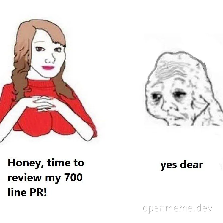 Cartoon woman asking a cartoon old man to review her 700-line PR