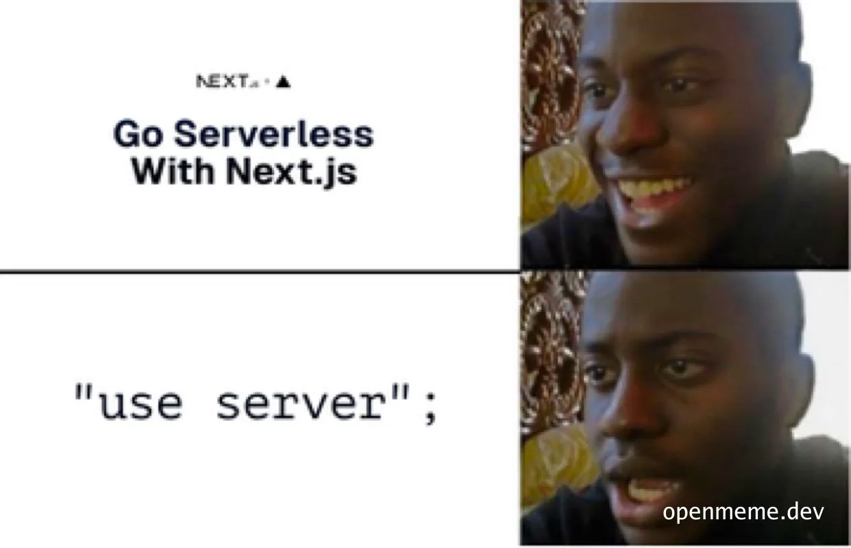 Smiling man looking sideways with text 'Go Serverless With Next.js' and 'use server'