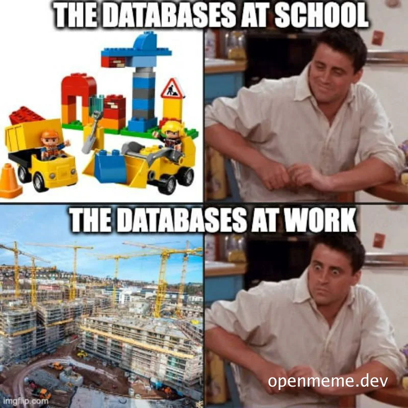Databases at school vs databases at work meme