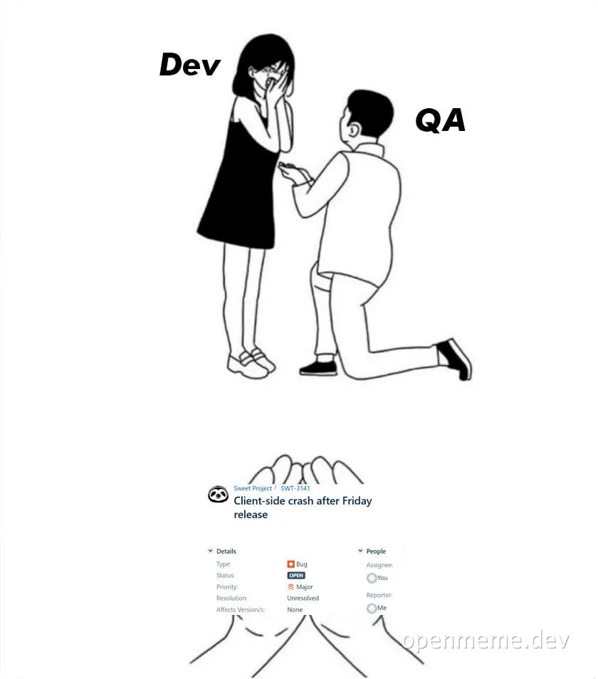 Dev and QA engagement meme with bug report