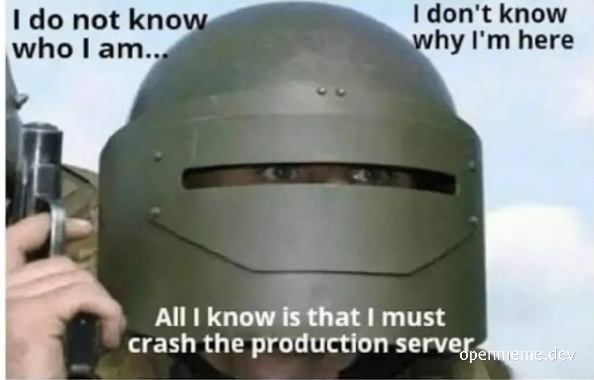 Soldier with a helmet and a gun, text: I do not know who I am... I don't know why I'm here. All I know is that I must crash the production server