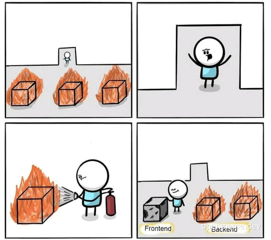 cartoon developer tries to put out burning frontend and backend code