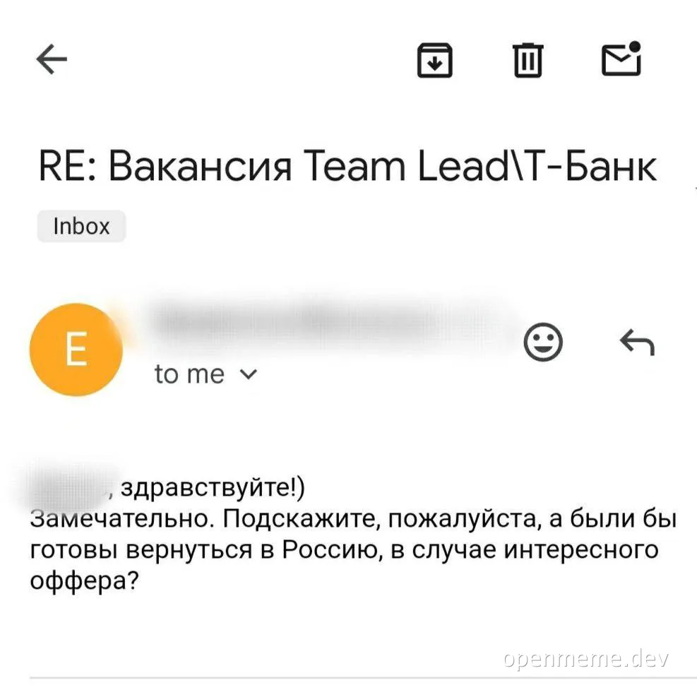 Email screenshot with Russian text about a Team Lead job offer