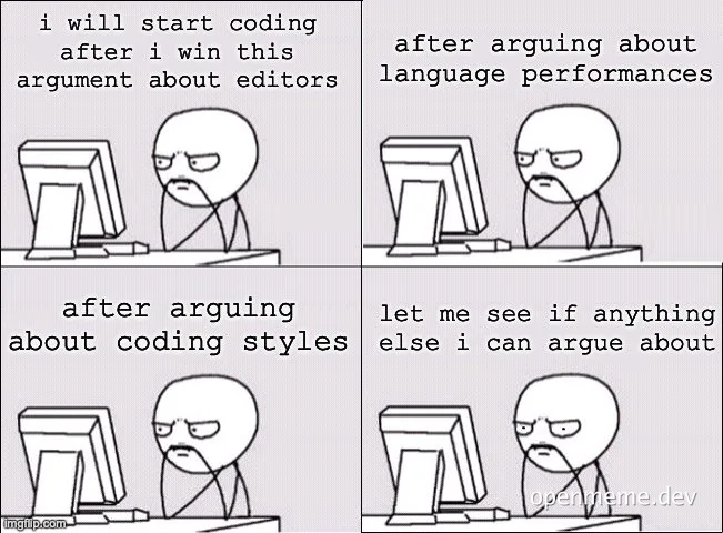 cartoon developer arguing about coding topics instead of working