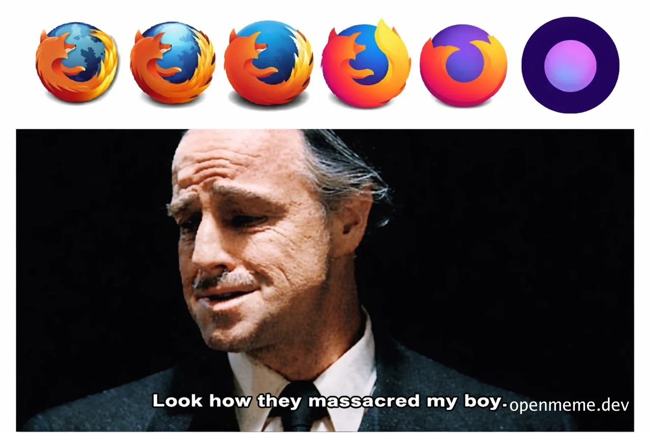 Meme of Robert De Niro looking shocked and upset, with Firefox logos changing to represent degradation