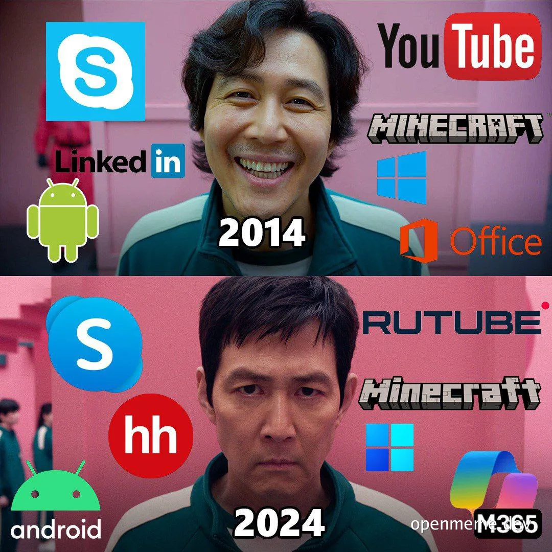 square smiling man and square serious man with logos overlay