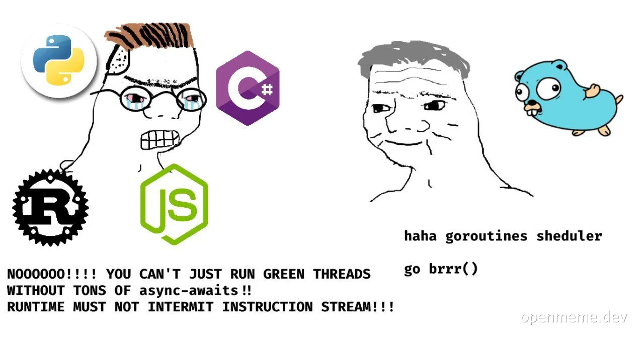 programmer reacts to goroutines vs async-awaits meme