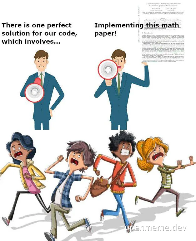 cartoon developer excitedly suggesting complex math paper solution to coworkers