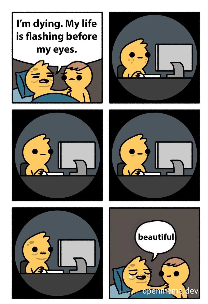 cartoon character dying and seeing their life flash before their eyes while coding