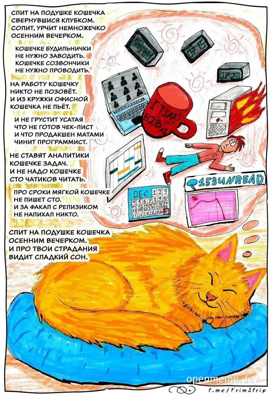 cartoon of sleeping cat surrounded by office work symbols