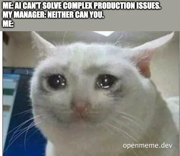 cat with wide eyes and text about AI and production issues