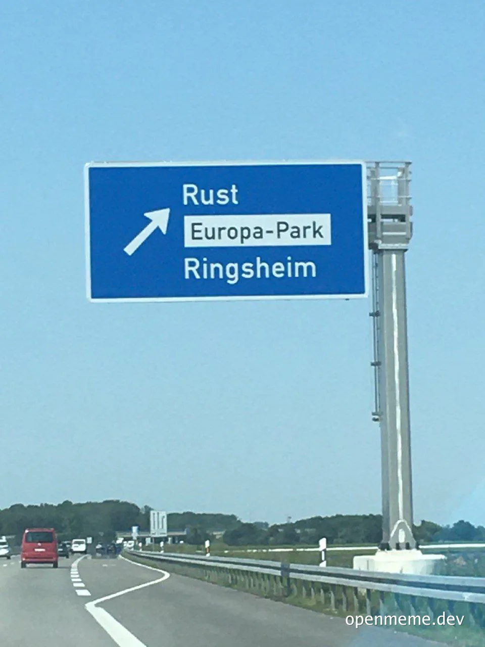 road sign pointing to Rust, Europa-Park, and Ringsheim
