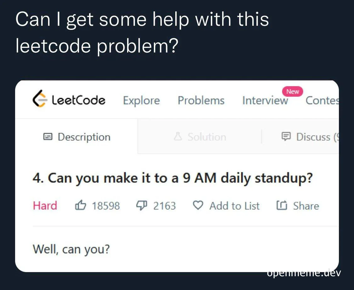 LeetCode problem screenshot with humorous daily standup twist