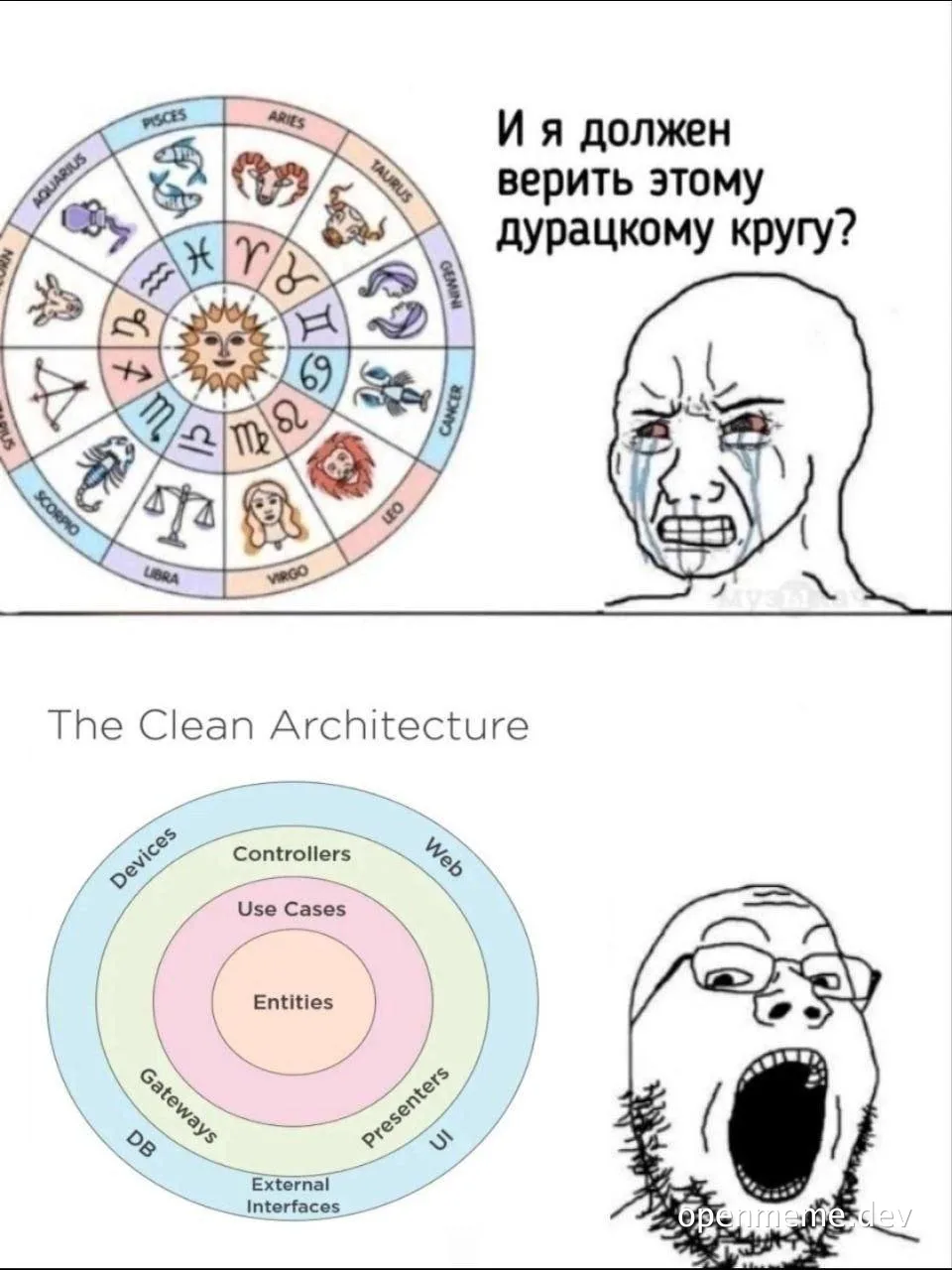 Zodiac circle meme and clean architecture diagram reaction